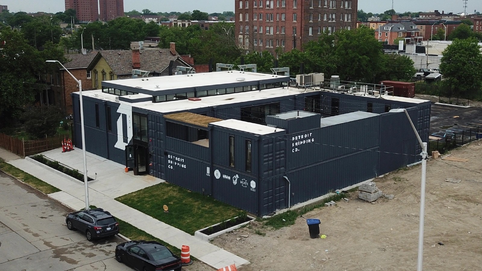 The Detroit Shipping Company building constructed from shipping containers